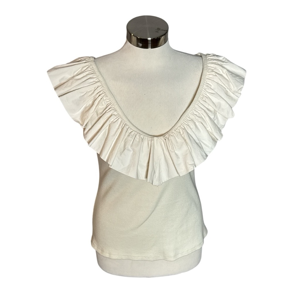 ANTHROPOLOGIE MAEVE TINA RUFFLED TANK CREAM V NECK RUFFLED TRIM BLOUSE MEDIUM - Picture 3 of 11